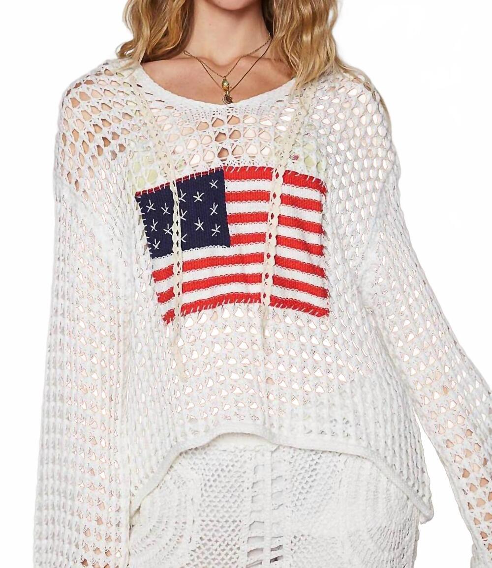 NEW POL women's v neck american flag hoodie in ivory